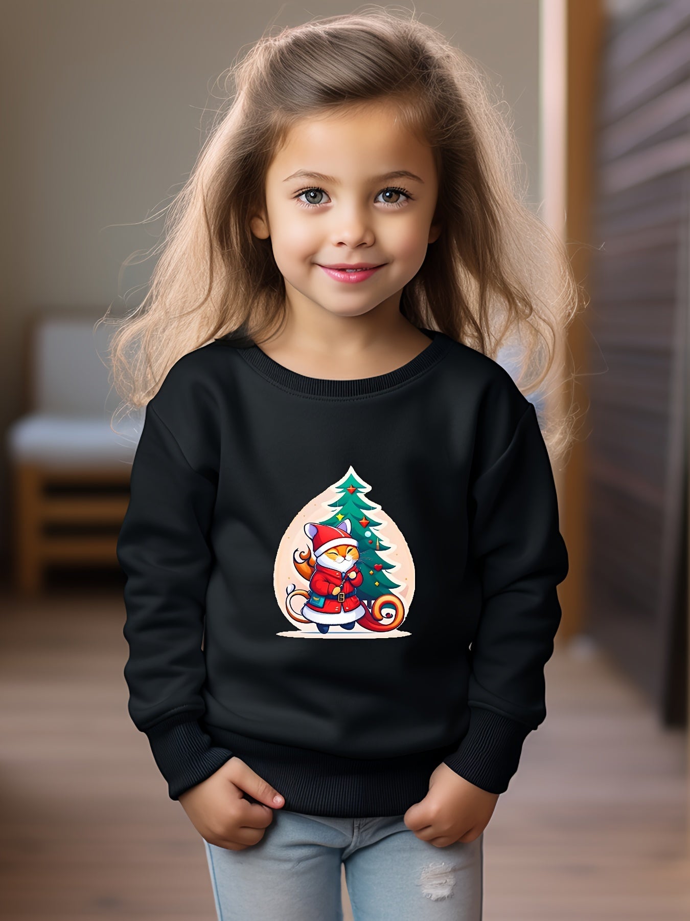 Christmas Cat Santa And Tree Print Girls Casual Pullover Sweatshirt
