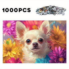 Chihuahua in Flower Bush Wooden Jigsaw Puzzle High Difficulty Level