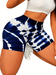 Tie Dye High Waist Yoga Exercise Shorts Wide Waistband Gym Cycling Activewear