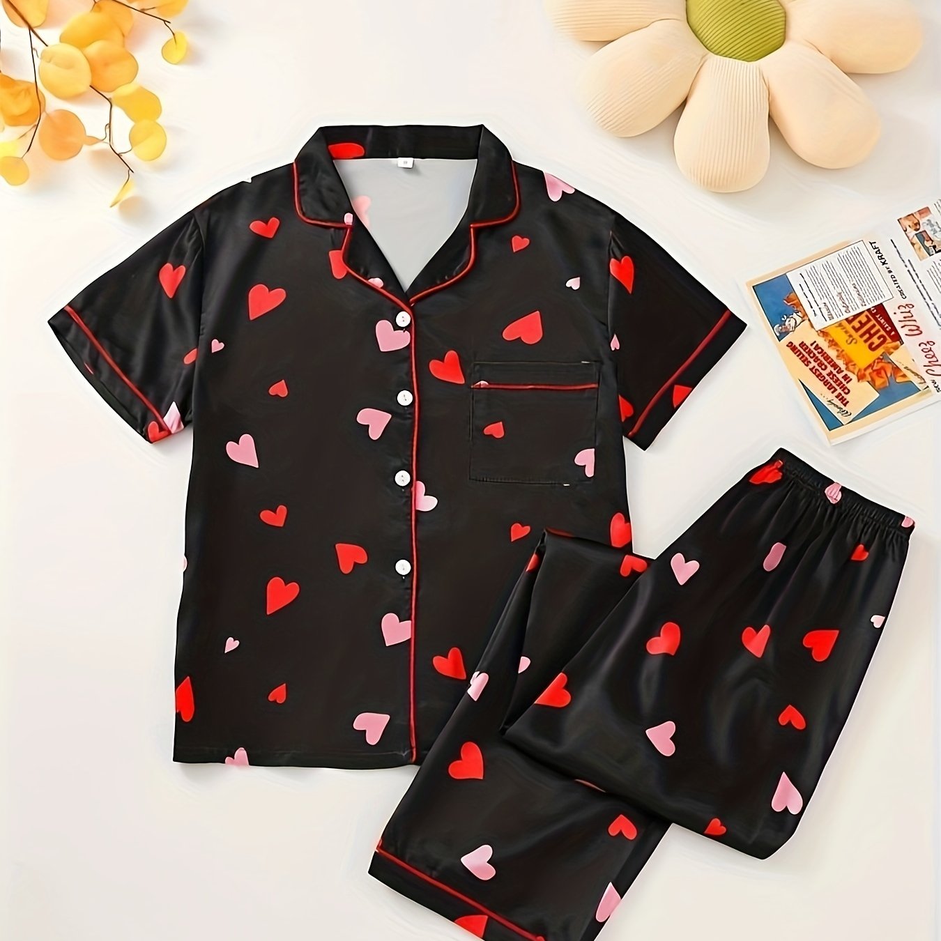 Heart Print Lounge Set Short Sleeve Top & Pants Women's Loungewear