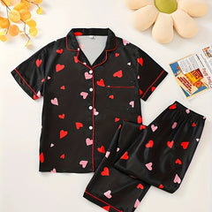 Heart Print Lounge Set Short Sleeve Top & Pants Women's Loungewear