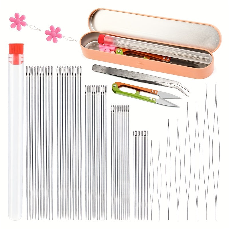 58pcs Beading Needles Set with Scissors and Tweezer in Bottle