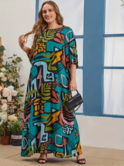 Tropical Print Round Neck Maxi Dress