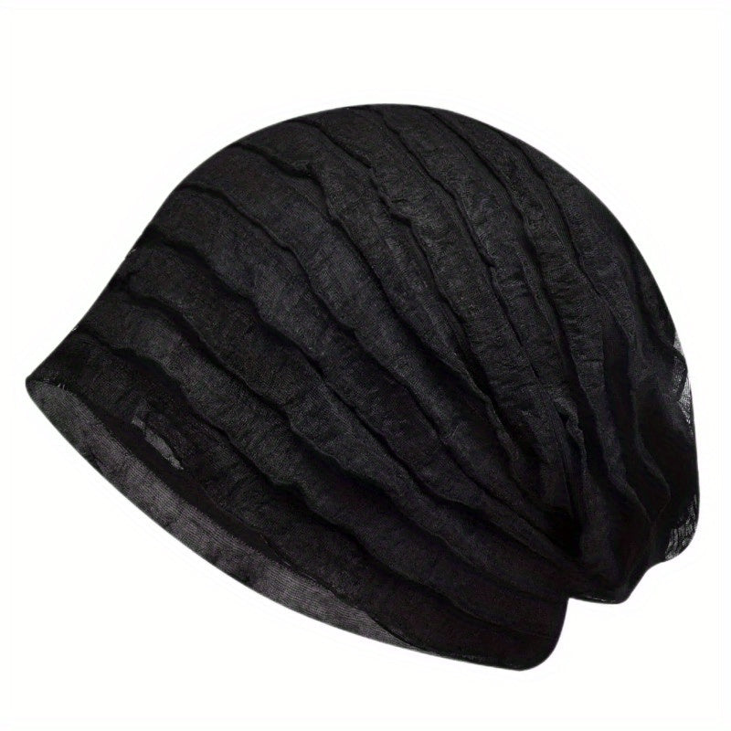 Pleated Soft Beanies Elastic Head Wrap Solid Ruffles Slouchy Beanie Skull Cap