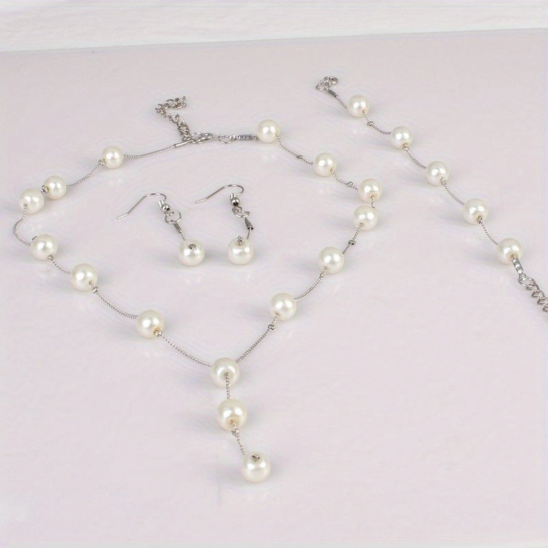 Faux Pearls Jewelry Set With Necklace Earrings Bracelet