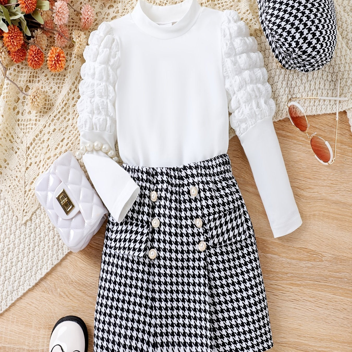 Houndstooth Pattern Girl's 3pcs Leg of mutton Sleeve Top & Skirt Set