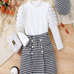 Houndstooth Pattern Girl's 3pcs Leg of mutton Sleeve Top & Skirt Set
