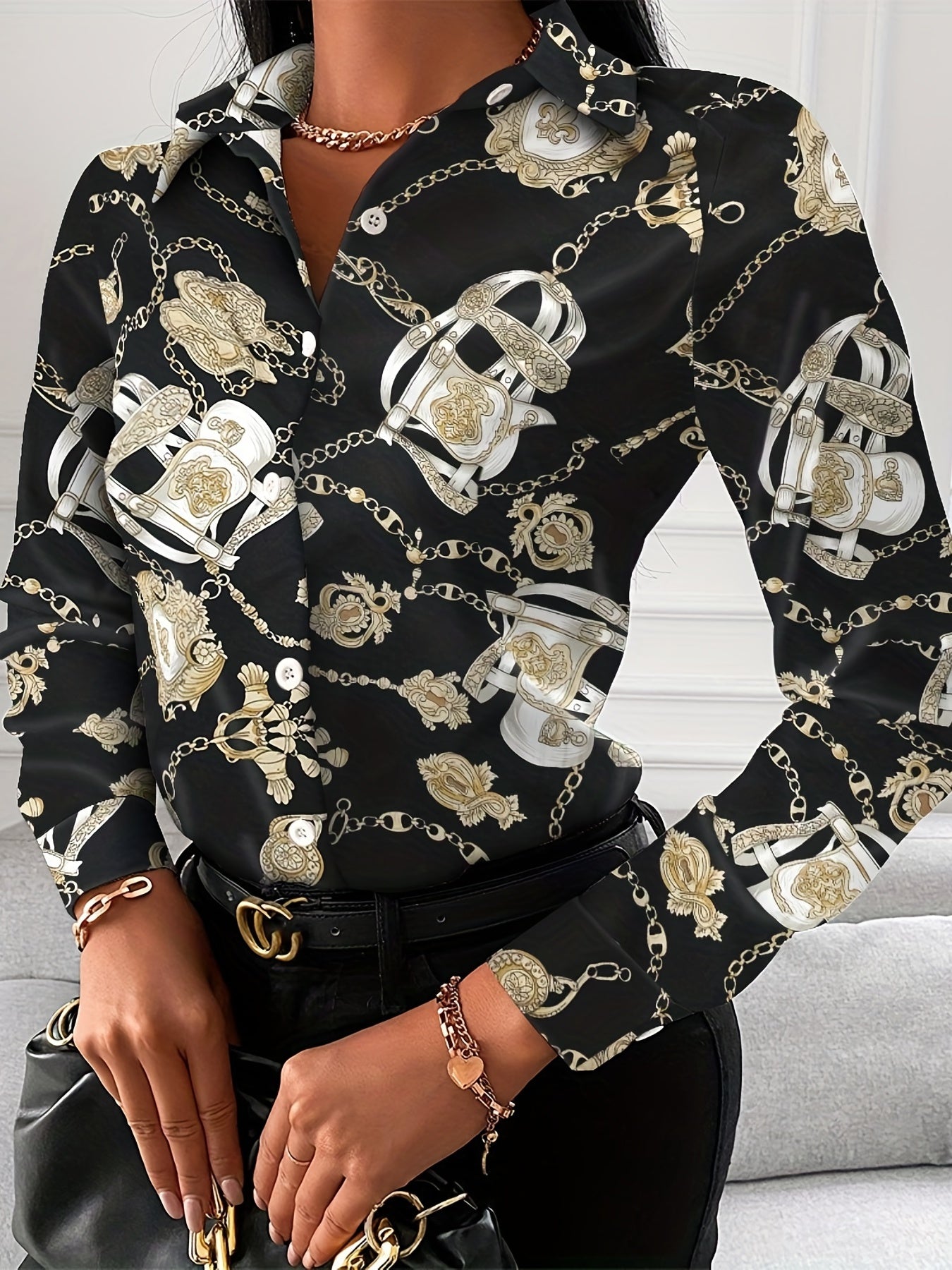 Women's Floral Print Polo Neck Blouse
