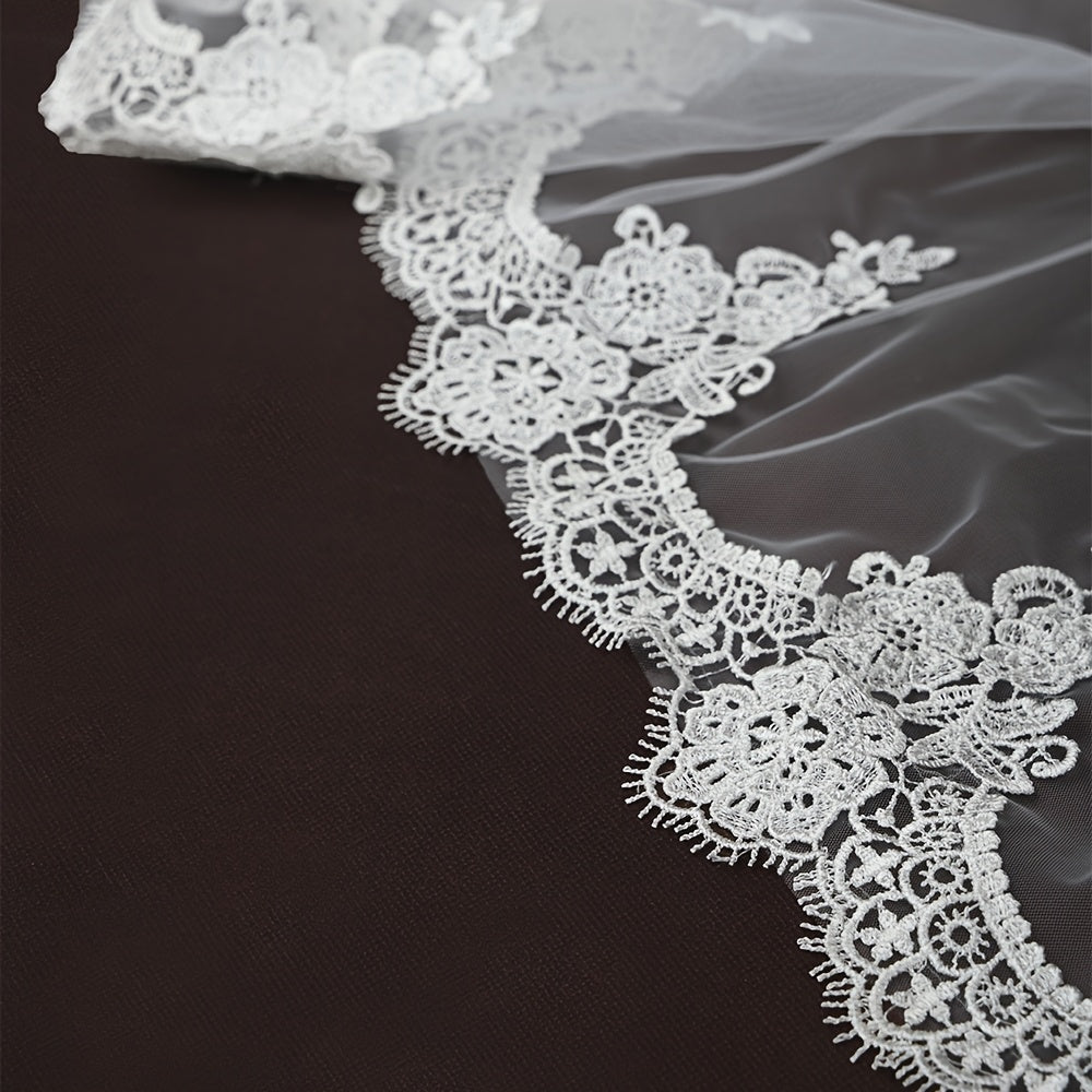 Single Layer Bridal Veil With Lace Trim Sheer Tulle Wedding Accessory