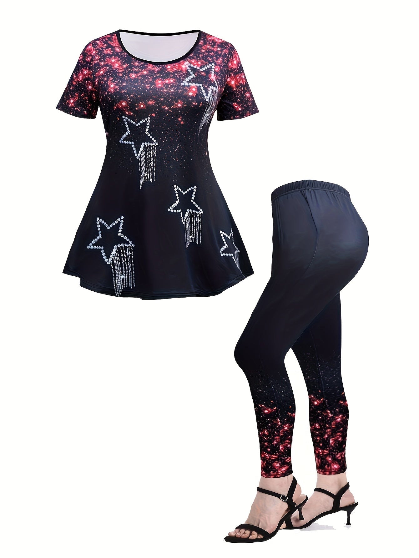 Women's Plus Glitter Floral Print Top & Leggings Set