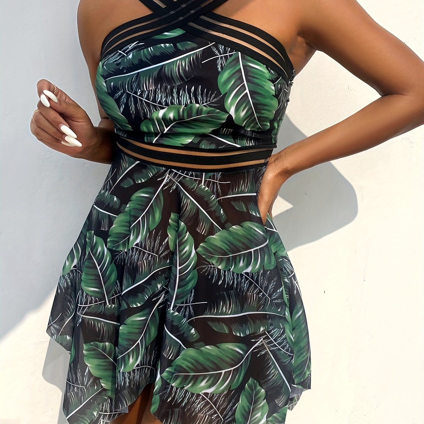 Leaf Print Mesh 2-Piece Swimsuit High Cut Beachwear Women's Swimwear