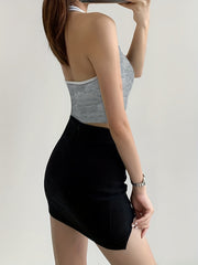 Y2K Halter Neck Crop Top Backless Contrast Trim
