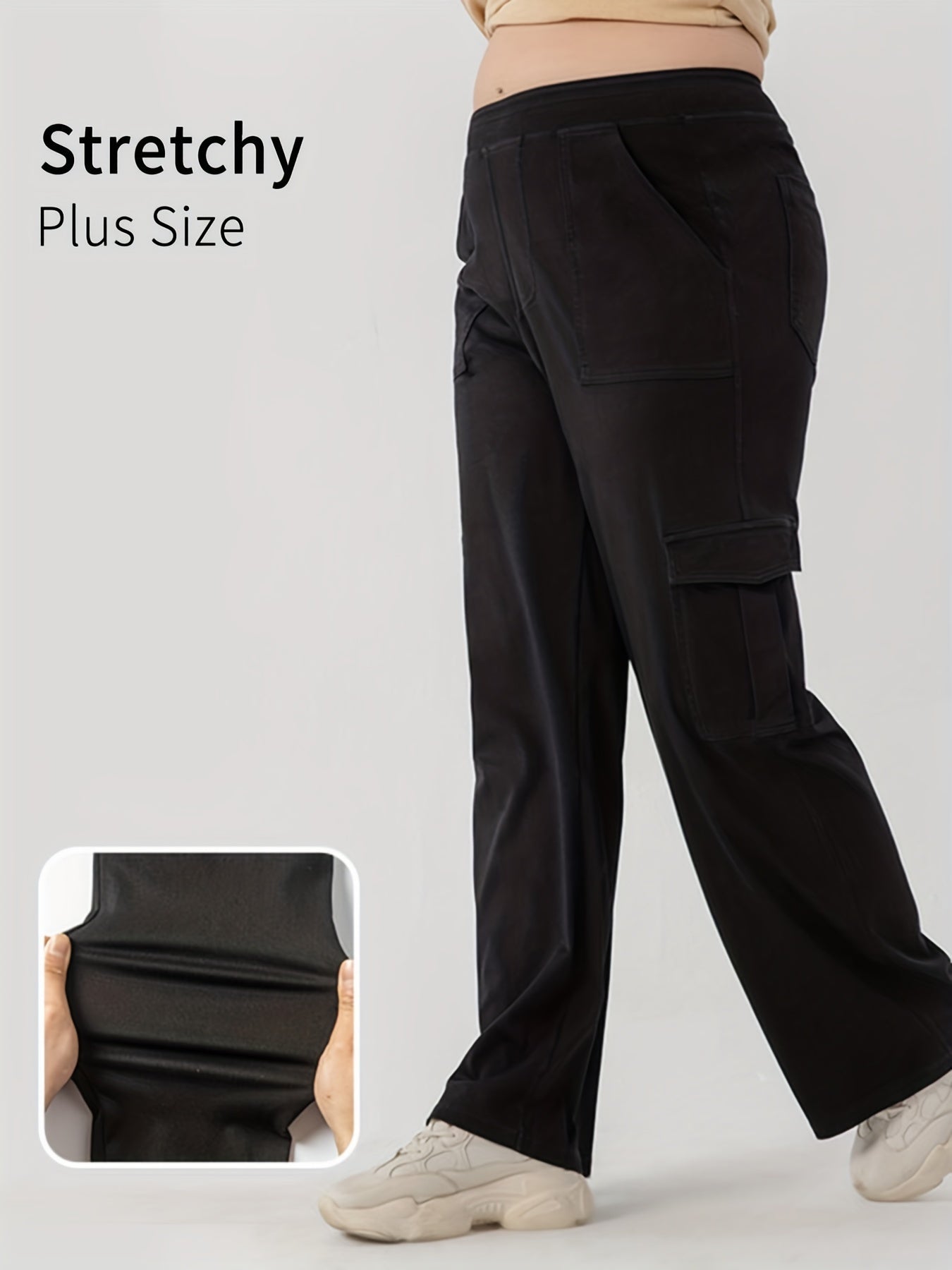 Solid High Stretch Wide Leg Cargo Jeans with Pockets