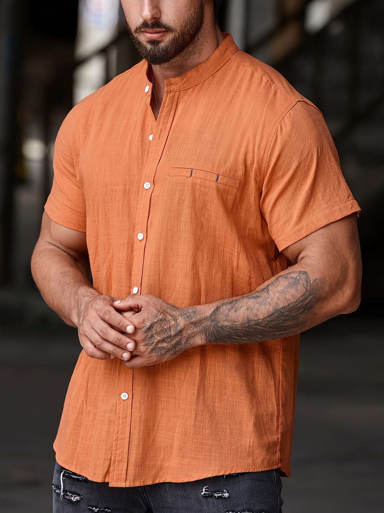 Men's Cotton Button Up Short Sleeve Shirt for Summer