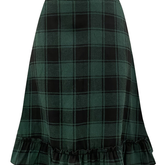 Plaid Print Ruffle Trim A line Maxi Skirt