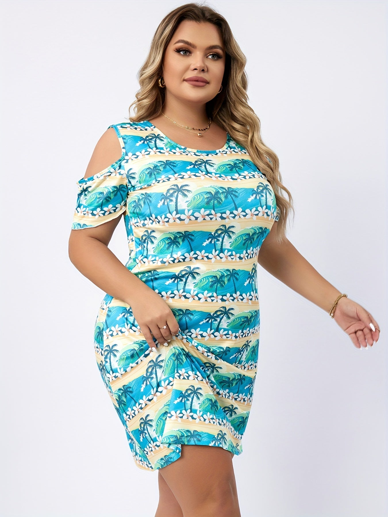 Plus Size Tropical Print Cold Shoulder Tee Sleep Dress