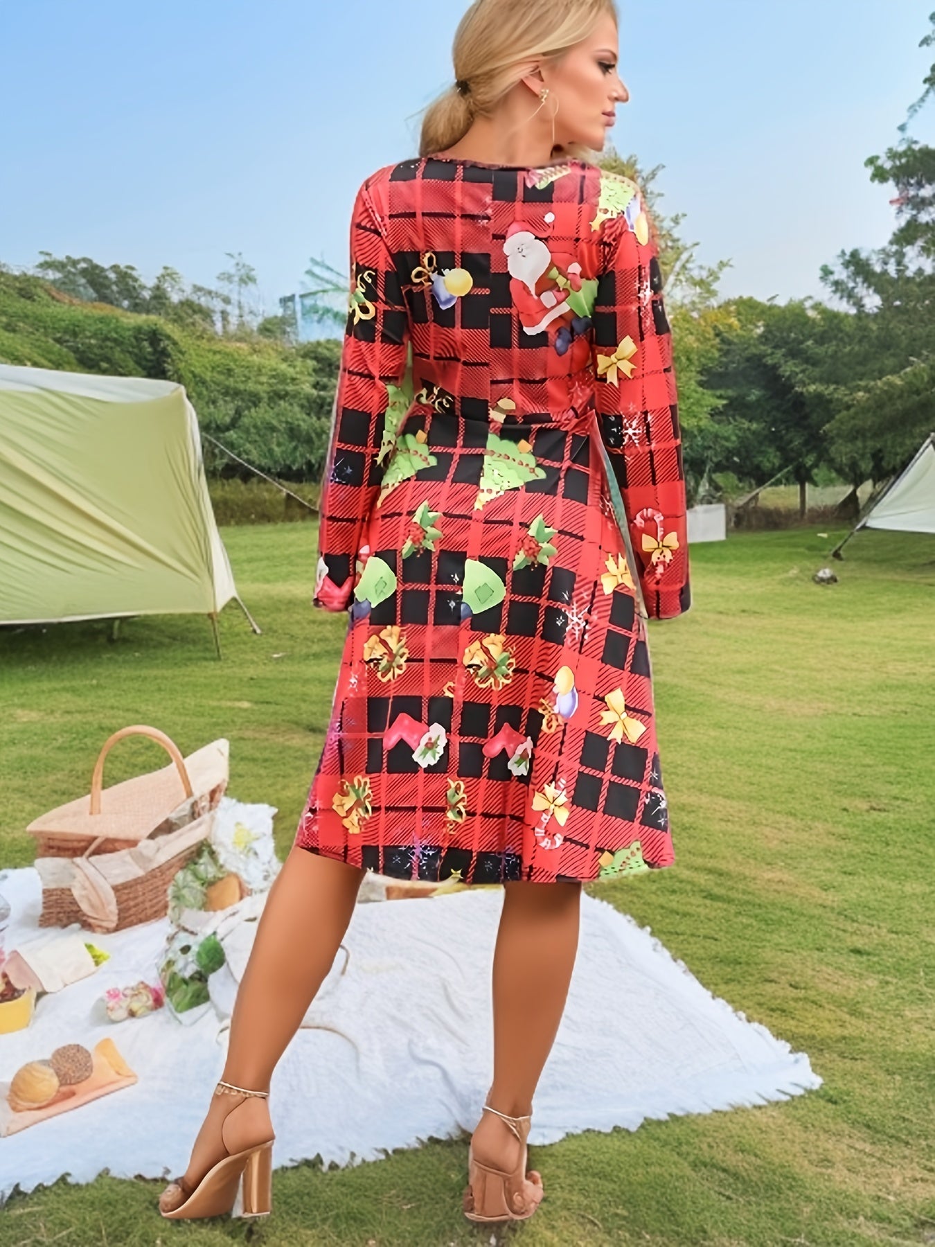 Women's Plus Christmas Print Long Sleeve A line Knee Length Dress
