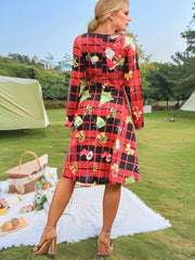 Women's Plus Christmas Print Long Sleeve A line Knee Length Dress