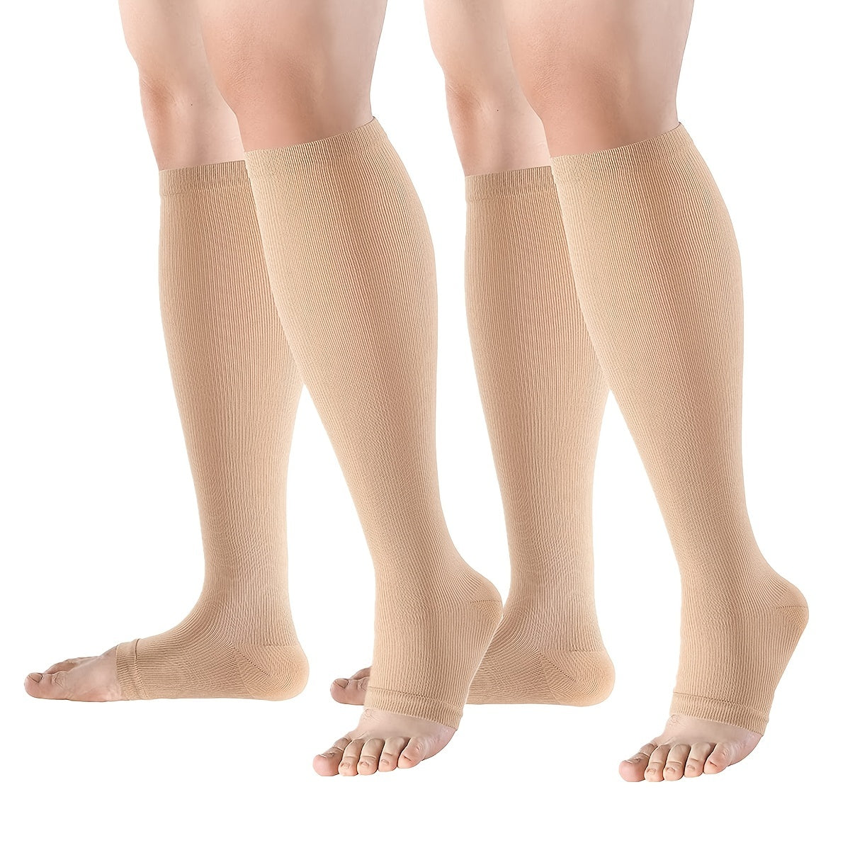 2 Pairs Open Toe Compression Socks Breathable Knee-Length Gym Fitness Stockings