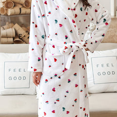 Heart Print Fuzzy Night Robe Long Sleeve Robe Women's Sleepwear