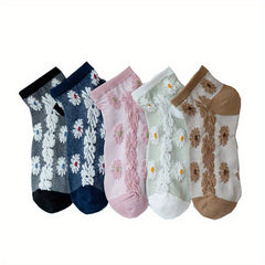 5 Pairs Floral Print Socks Retro Style Low Cut Ankle Socks for Women