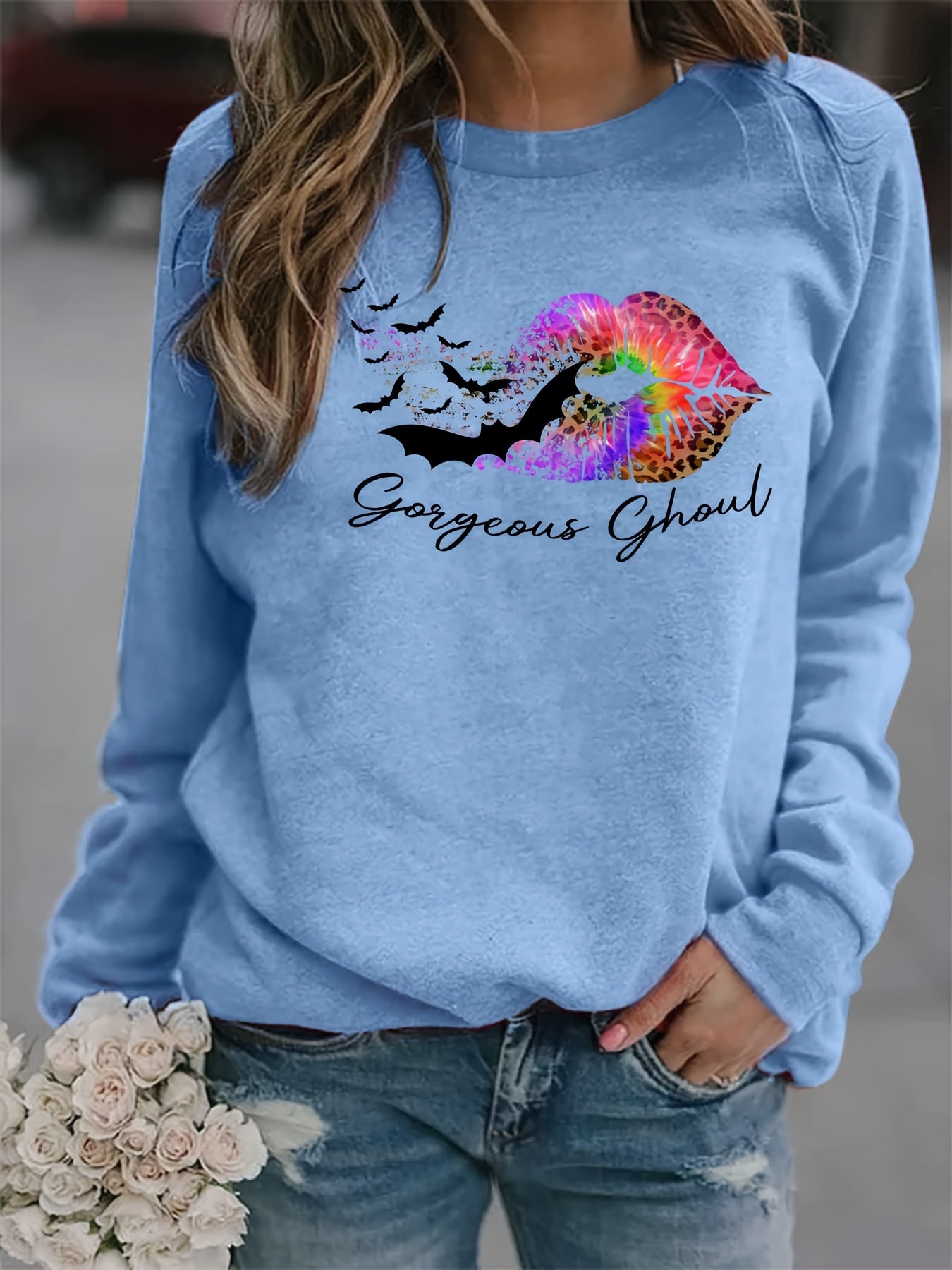 Gorgeous Ghoul Print Sweatshirt Crew Neck Women's Clothing