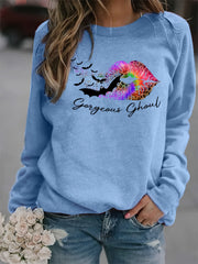 Gorgeous Ghoul Print Sweatshirt Crew Neck Women's Clothing