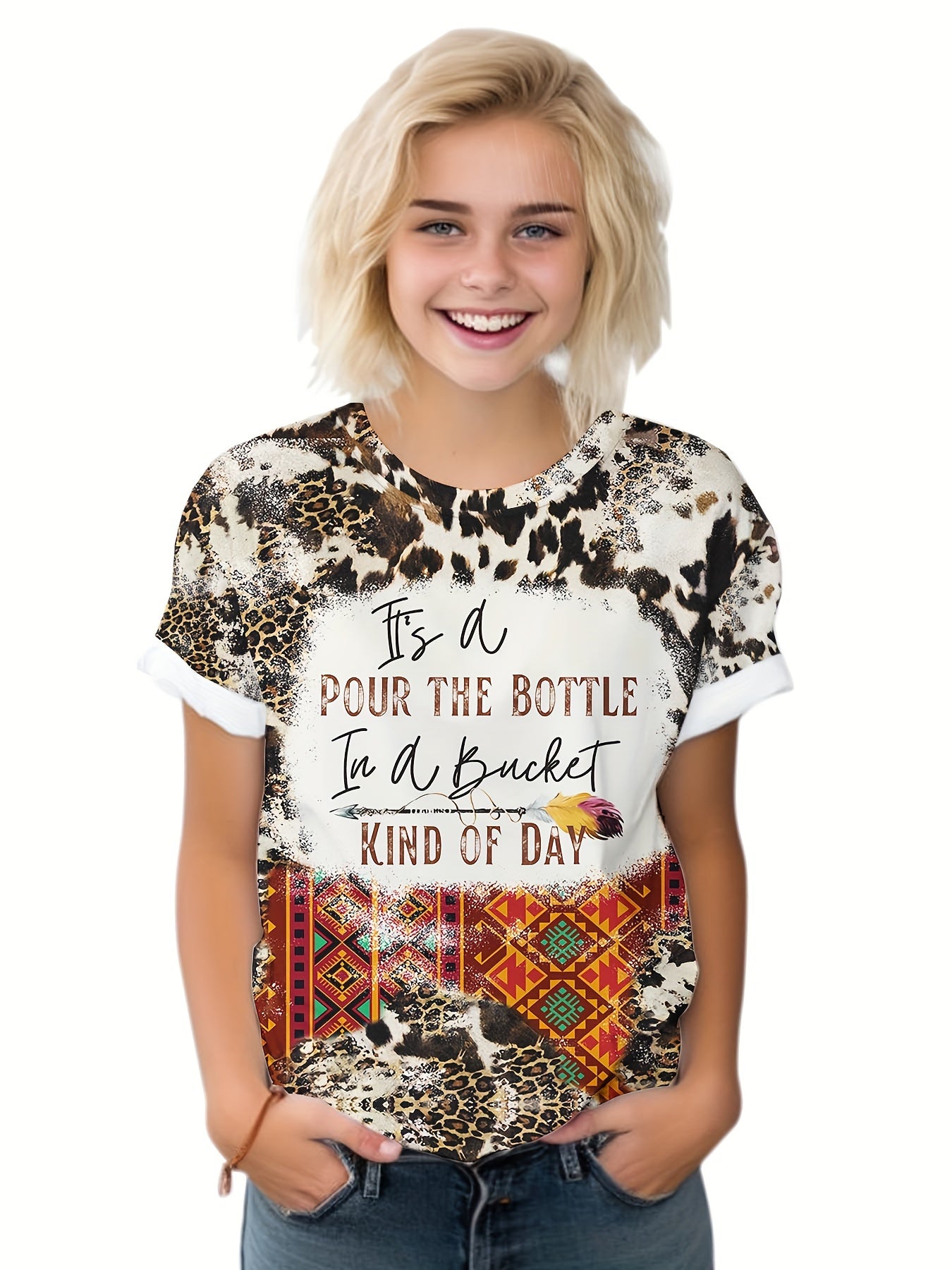 Boho Style Pour the Bottle Print T-shirt for Summer