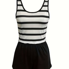 Stripe Print Pajama Set Crew Neck Sleeveless Top & Shorts