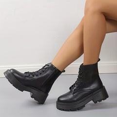 Platform Combat Boots Lace Up Zipper Ankle Faux Leather Short Boots