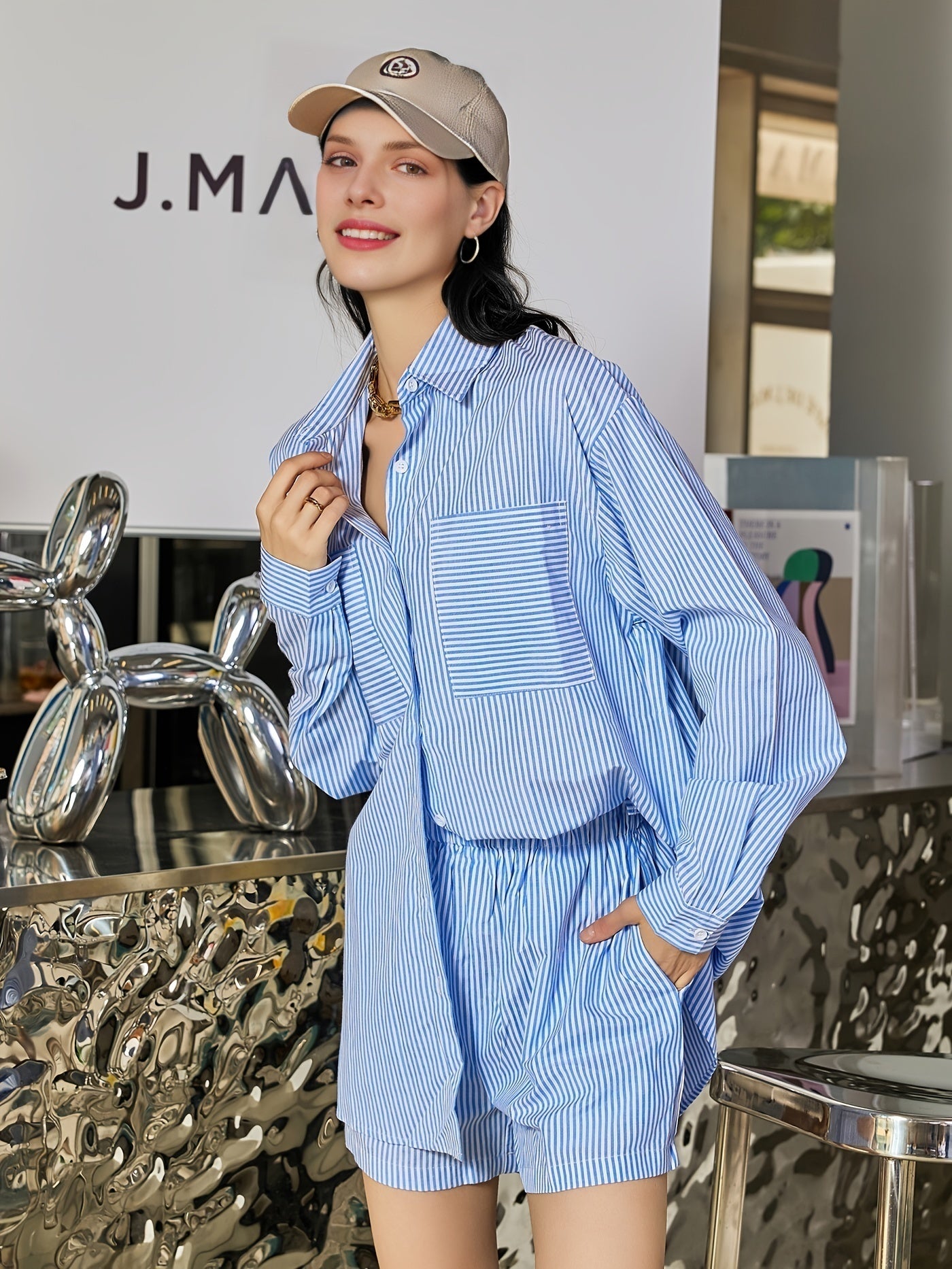 Striped 2-Piece Set Shirt & Shorts Outfit for Women