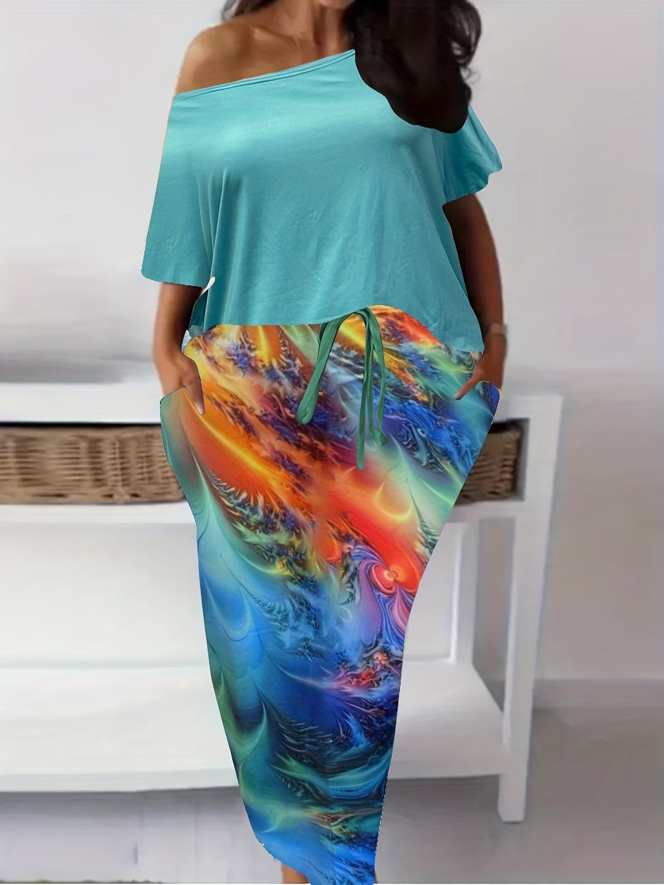 One Shoulder Batwing Sleeve Top & Printed Skirt Set