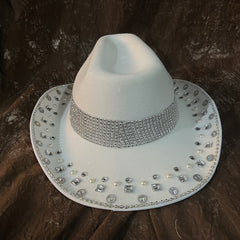 Women Bride Cowboy Hat Wide Brim Bridal Felt Hat Rhinestone Western Fedora Cap