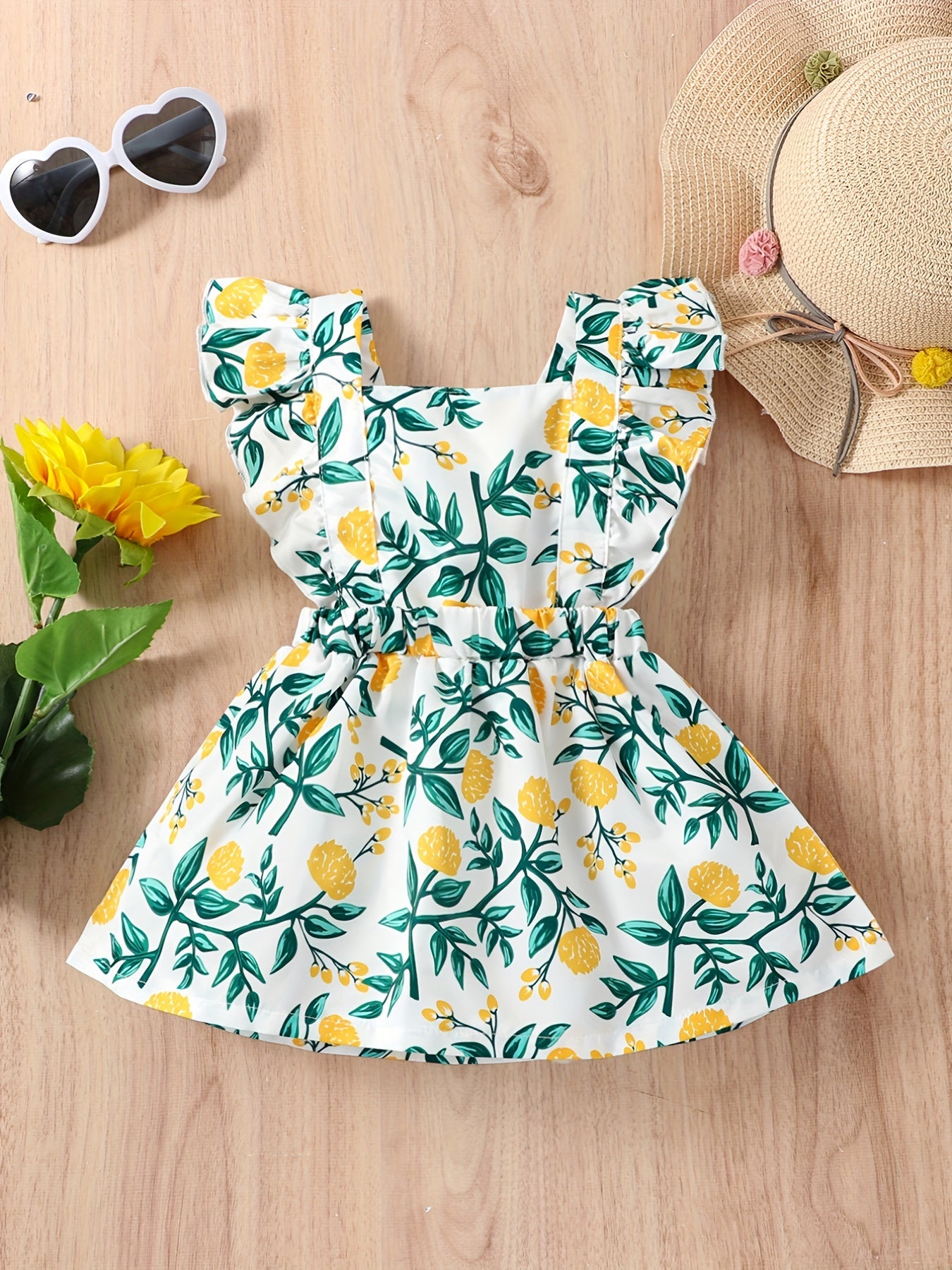 Baby Girls Casual Yellow Flower Print Sleeveless Dress For Summer