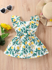 Baby Girls Casual Yellow Flower Print Sleeveless Dress For Summer