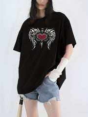 Wing & Heart Print T shirt Casual Crew Neck Short Sleeve Top