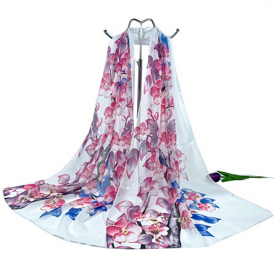 Chiffon Flower Print Scarf Silk Shawl Casual Windproof Head Wrap