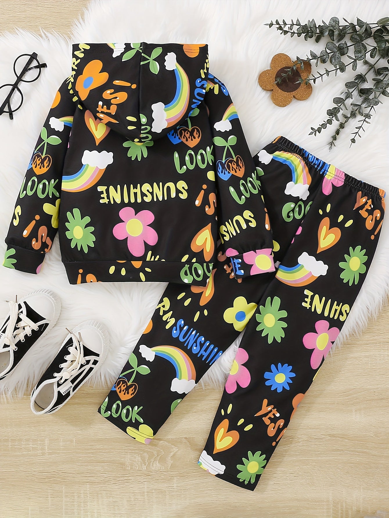 Girl's Cartoon Floral 2pcs Set SUNSHINE Print Casual Outfits for Spring Fall