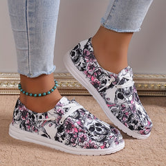 Women's Skull & Flower Print Canvas Shoes Casual Lace Up Outdoor Shoes