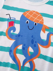 Octopus Graphic Print Short Sleeve Romper Jumpsuit for Baby Boys and Girls