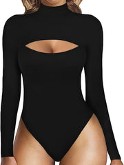Sexy Cut Out High Neck Bodysuit Long Sleeve Slim Fit