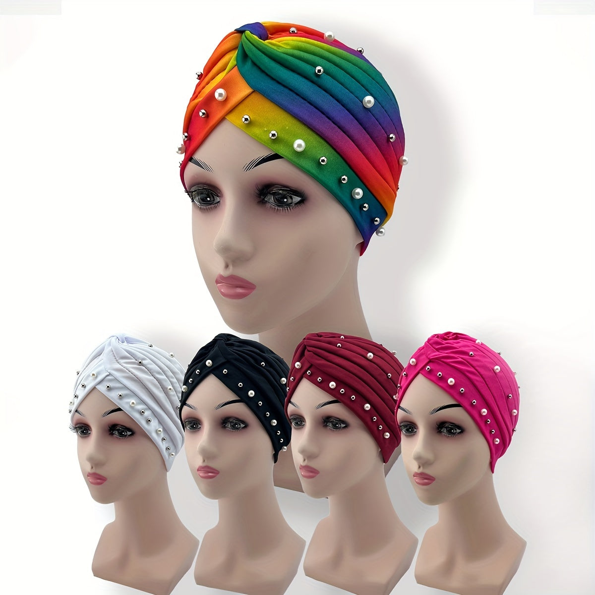 Faux Pearl Decor Turban Colorful Head Wraps Beanie Ramadan Hijab Hat