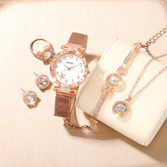 School Student Digital Rhinestone Quartz Wrist Watch & 5pcs Jewelry Set