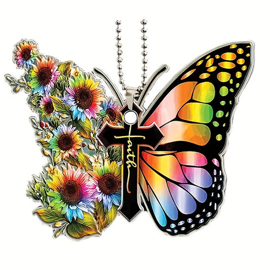 Colorful Cross Sunflower Butterfly Tag for Holiday Decor & Car Rear
