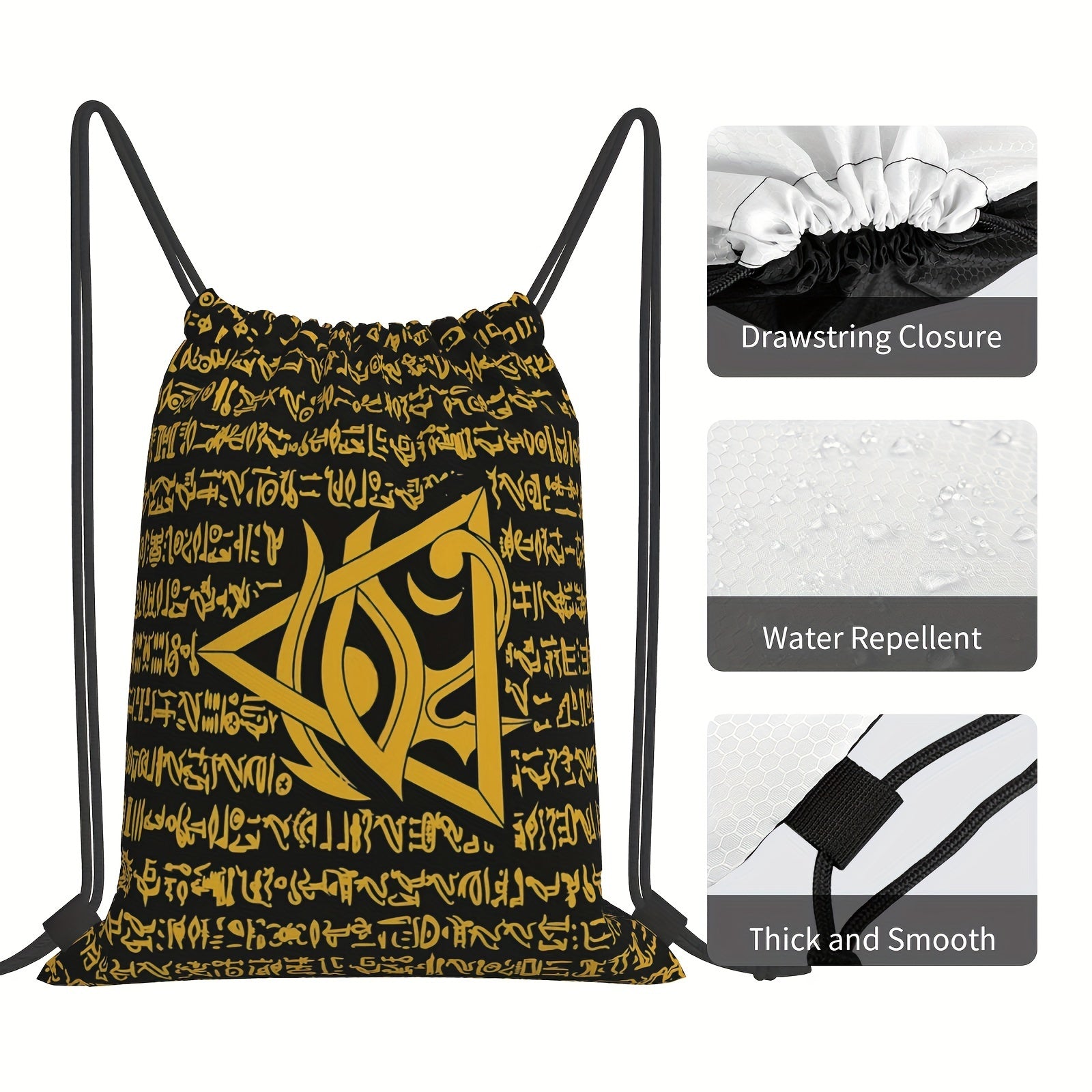 Ancient Egyptian Drawstring Bag Hieroglyphs School Beach Travel Pouch