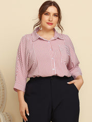 Striped Print Long Sleeve Shirt Women's Plus Button Front