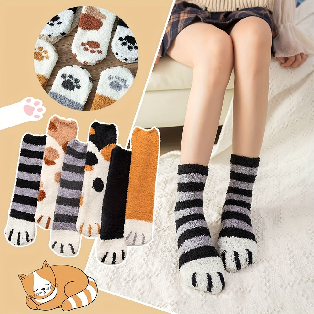 6 Pairs Men's Cartoon Claw Crew Socks Plush Warm Thermal Comfy Unisex Socks
