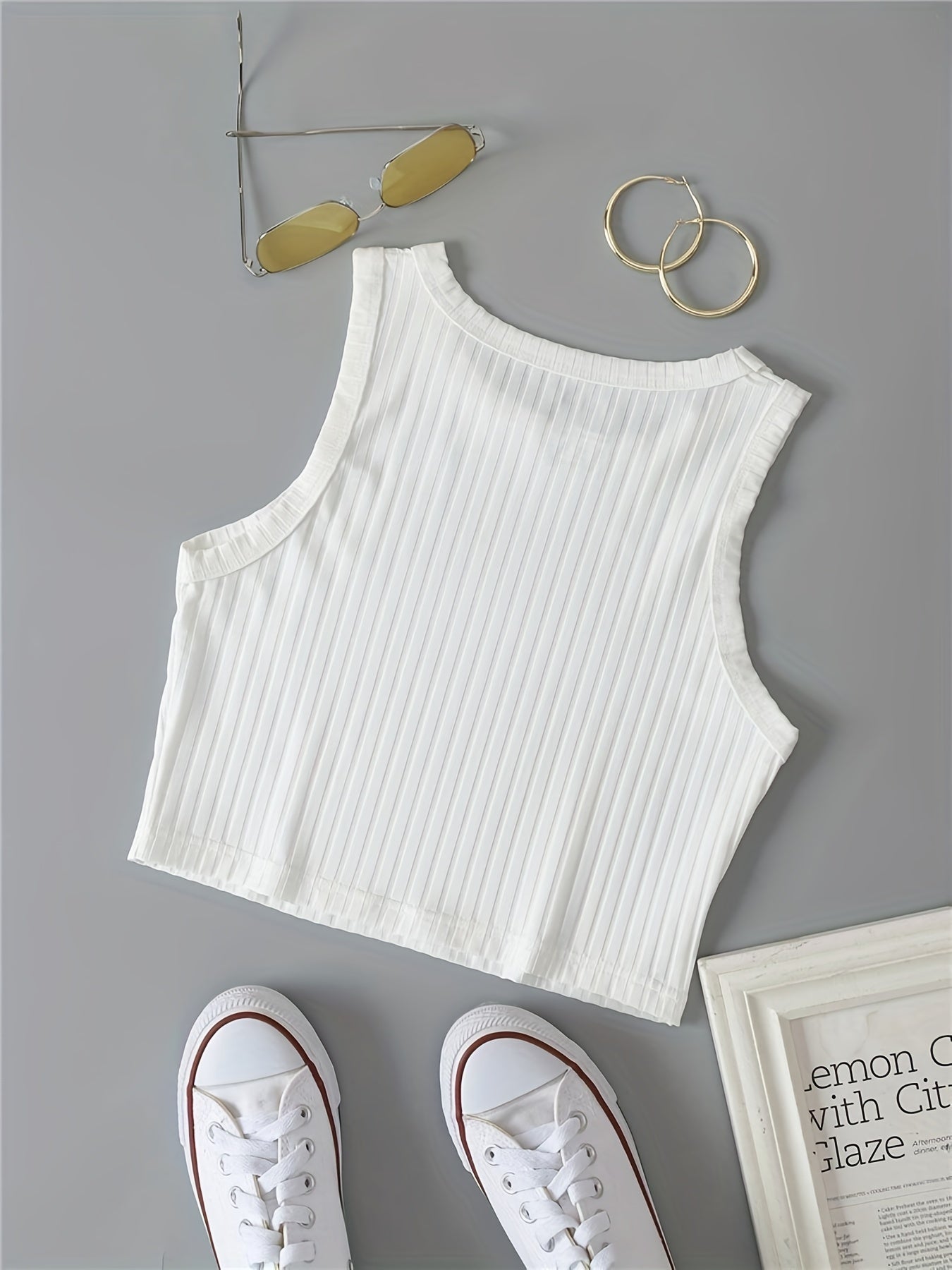 Ribbed Knit Summer Crop Top Y2K Sleeveless Solid Casual Top Women's Clothing