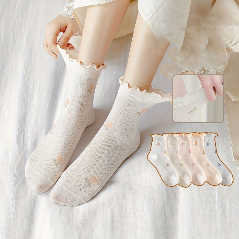 5 Pairs Floral Print Mesh Socks Thin Mid Tube Women's Stockings & Hosiery