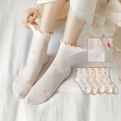 5 Pairs Floral Print Mesh Socks Thin Mid Tube Women's Stockings & Hosiery